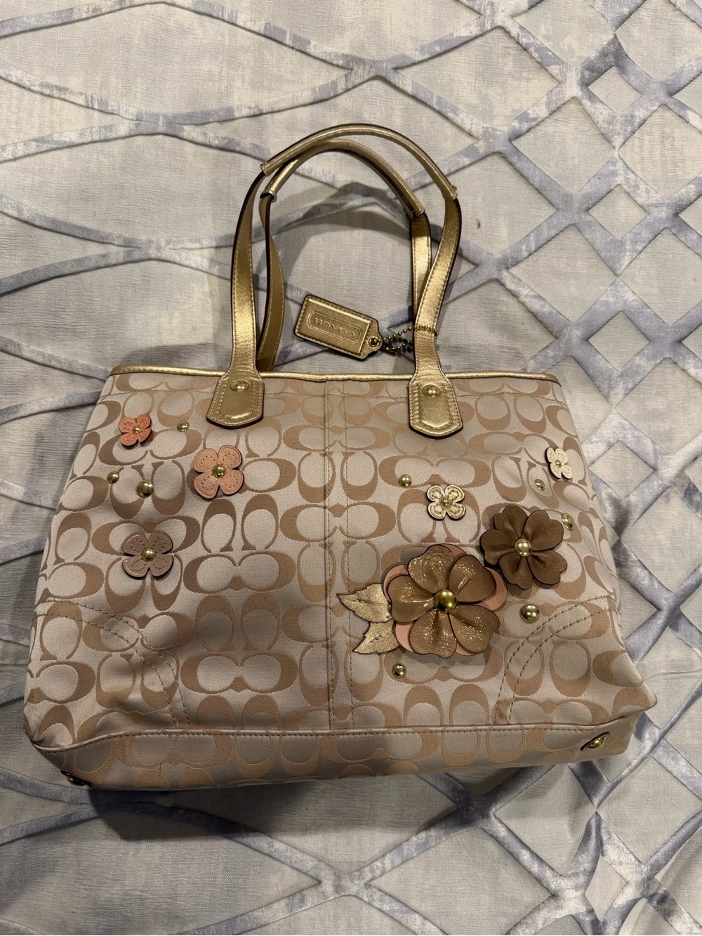 Coach Sateen Floral Appliqué Tote Bag in Champagne Gold